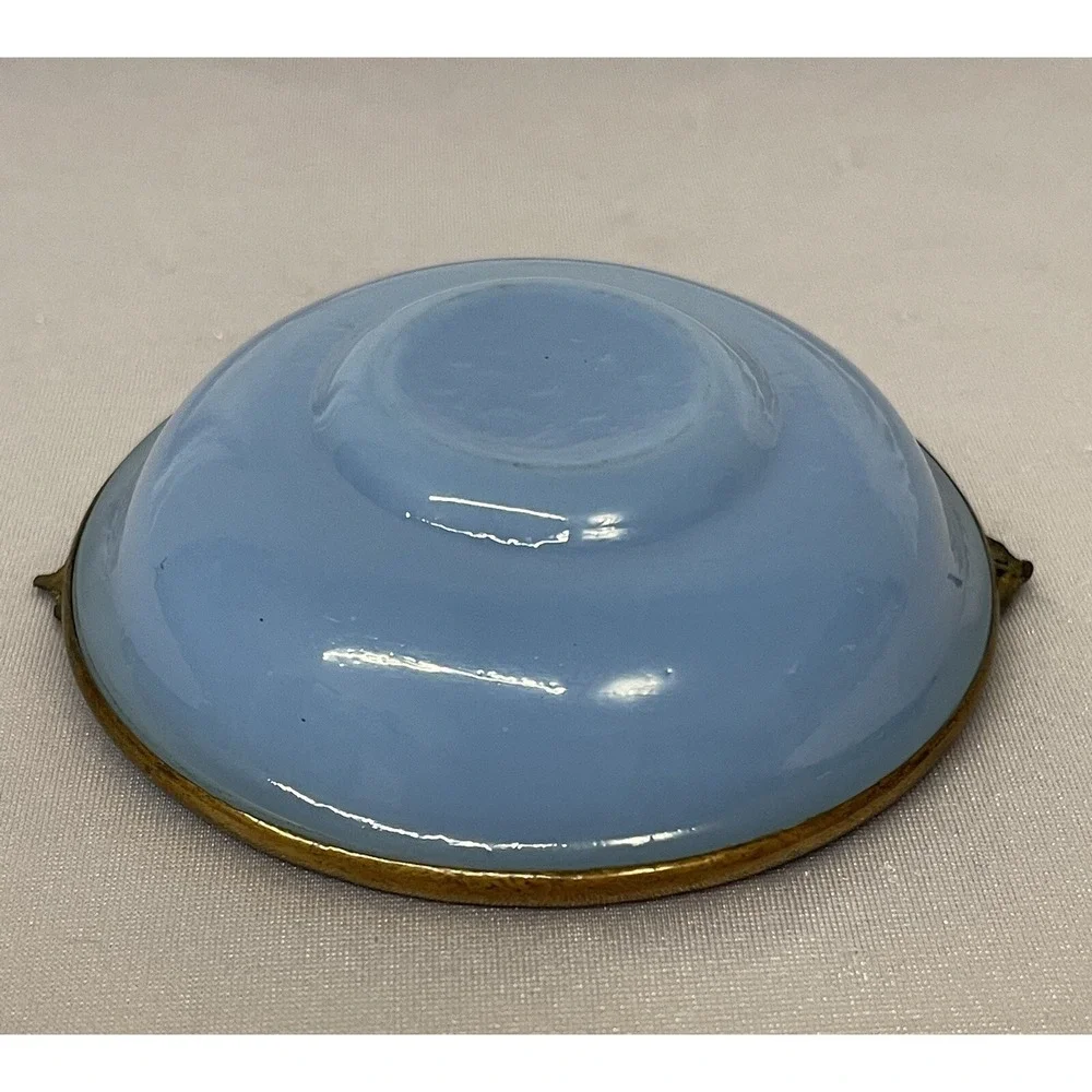 Vintage Small Blue Glass Bowl / Ashtray with Cooper Ring Painted Enameled Leaves